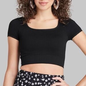 Wild Fable Ribbed Square Neck Short Sleeve Black Crop Top